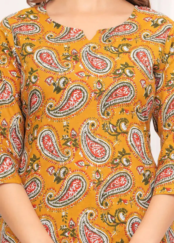 Women Top And Pajama Sets Mustard Yellow Jaipuri Printed