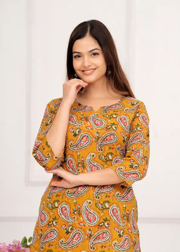 Women Top And Pajama Sets Mustard Yellow Jaipuri Printed