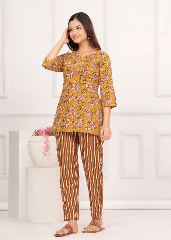 Women Top And Pajama Sets Mustard Yellow Jaipuri Printed