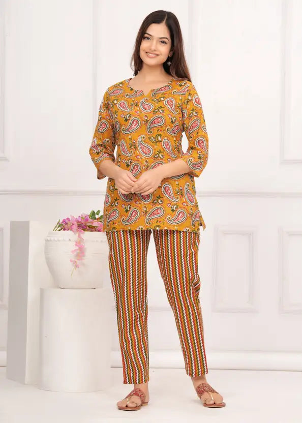 Women Top And Pajama Sets Mustard Yellow Jaipuri Printed