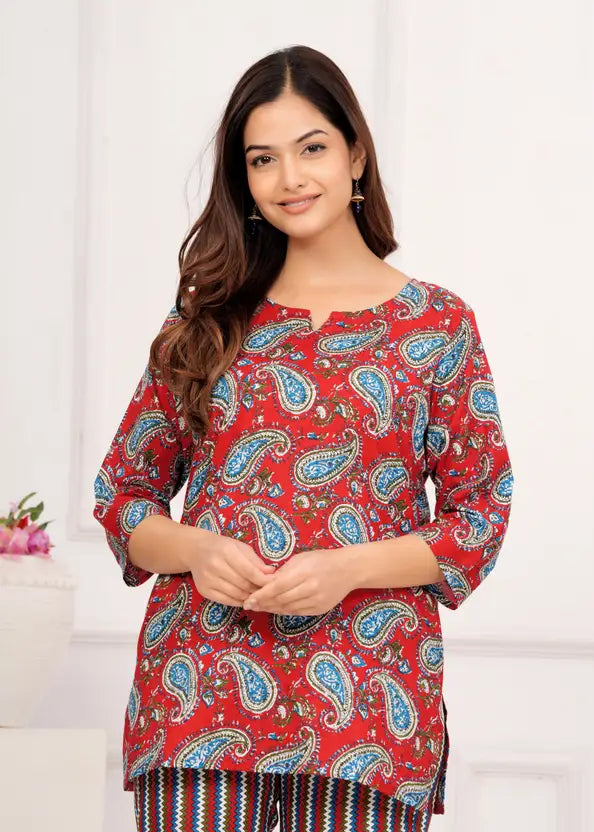 Women Top And Pajama Sets Red Jaipuri Printed
