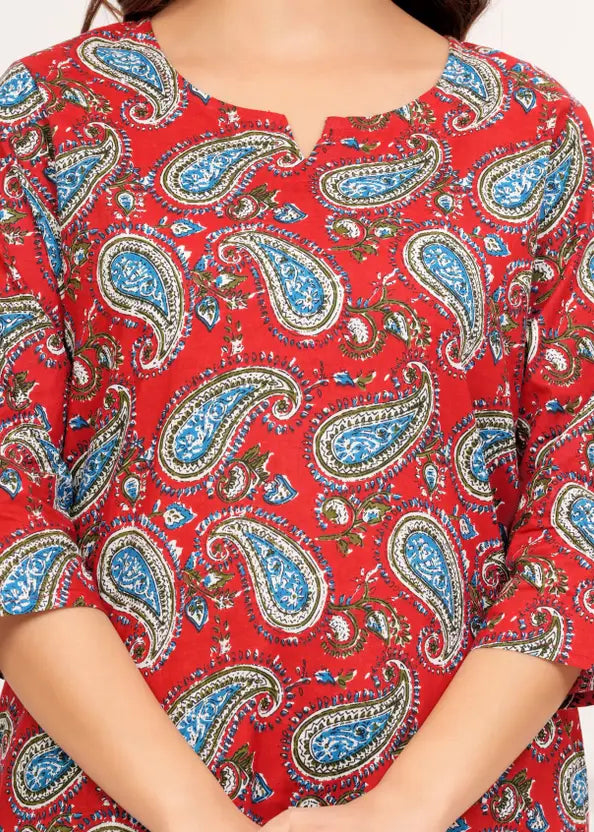 Women Top And Pajama Sets Red Jaipuri Printed