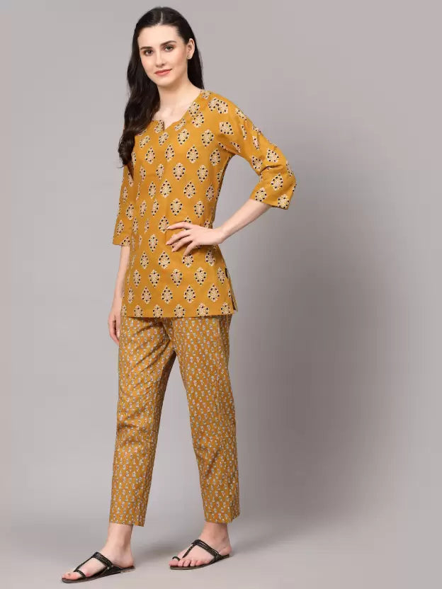 Women Top And Pajama Set Yellow Printed