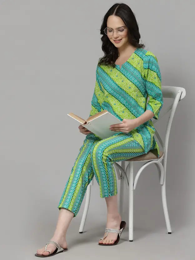 Women Top & Pyjama Set Green Jaipuri Printed