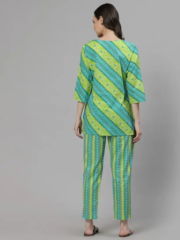 Women Top & Pyjama Set Green Jaipuri Printed