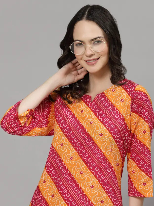Women Top & Pyjama Set Red Jaipuri Printed