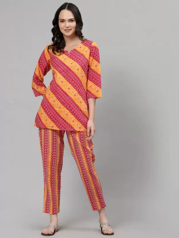 Women Top & Pyjama Set Red Jaipuri Printed