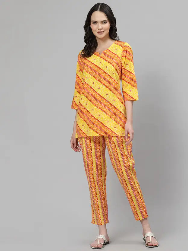 Women Top & Pyjama Set Yellow Jaipuri Printed