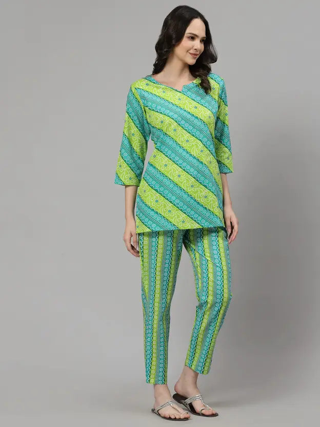 Women Top & Pyjama Set Green Jaipuri Printed