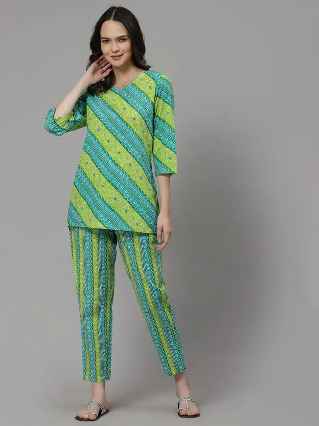 Women Top & Pyjama Set Green Jaipuri Printed