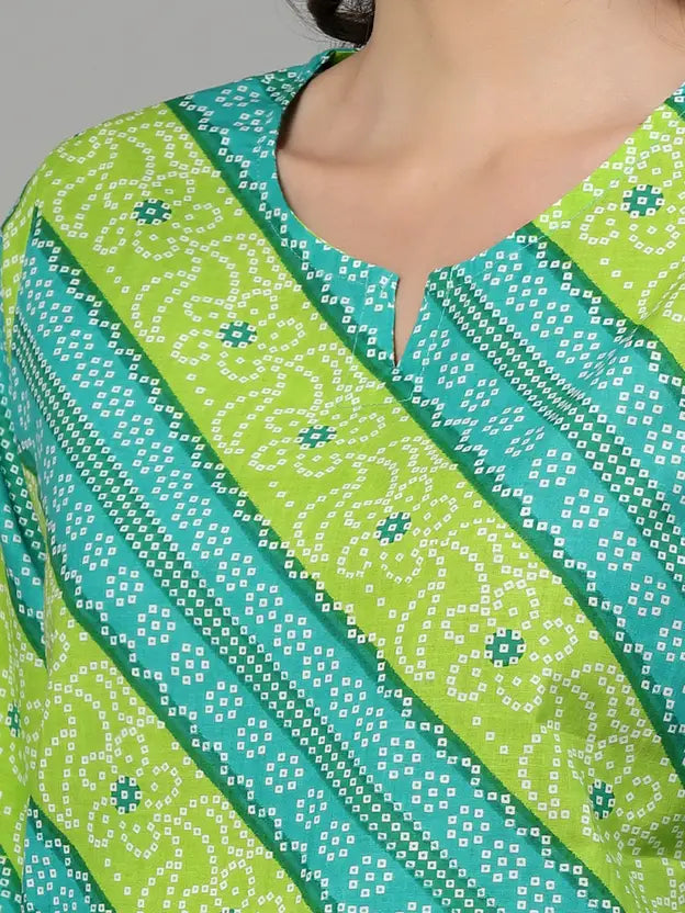 Women Top & Pyjama Set Green Jaipuri Printed