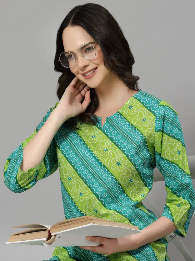 Women Top & Pyjama Set Green Jaipuri Printed