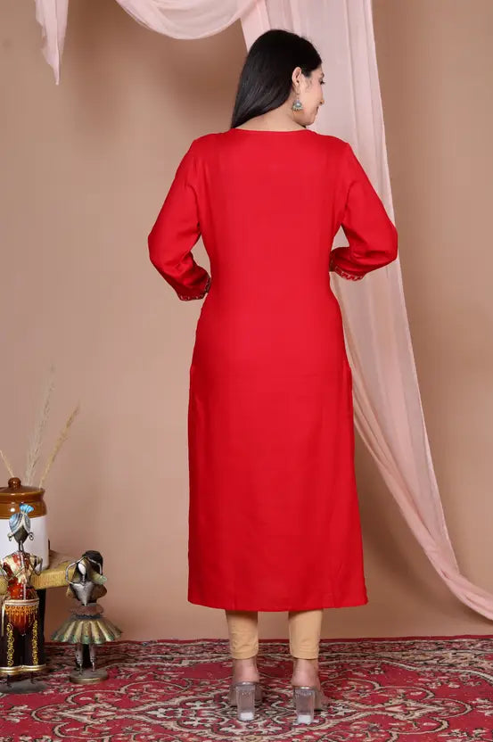 Women Embroidered Viscose Rayon Straight Red Kurta