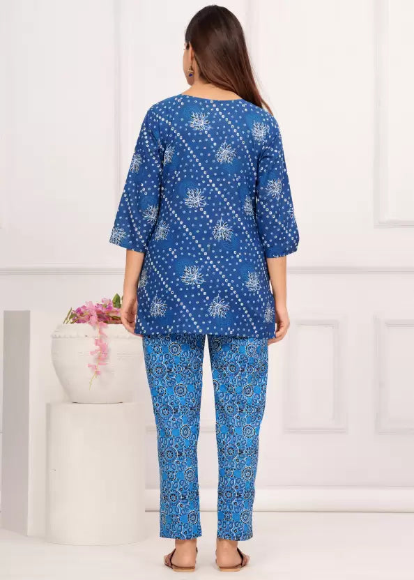 Women Top And Pyjama Set Blue Jaipuri Printed