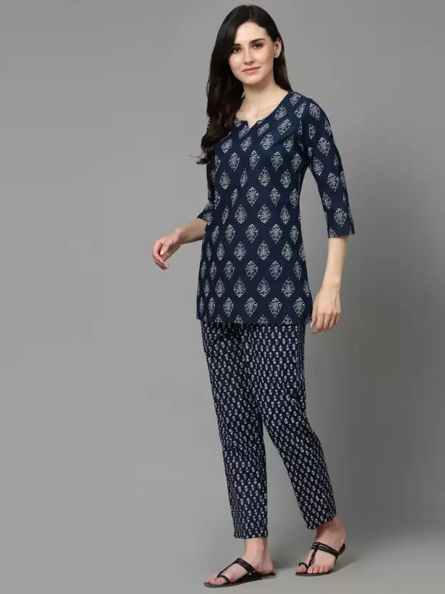 Women Top And Pajama Set Blue Printed