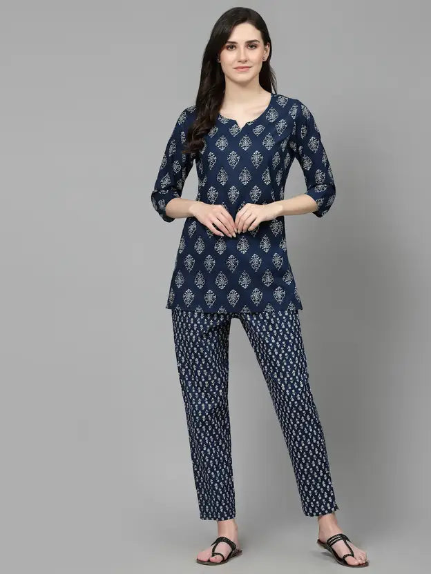 Women Top And Pajama Set Blue Printed