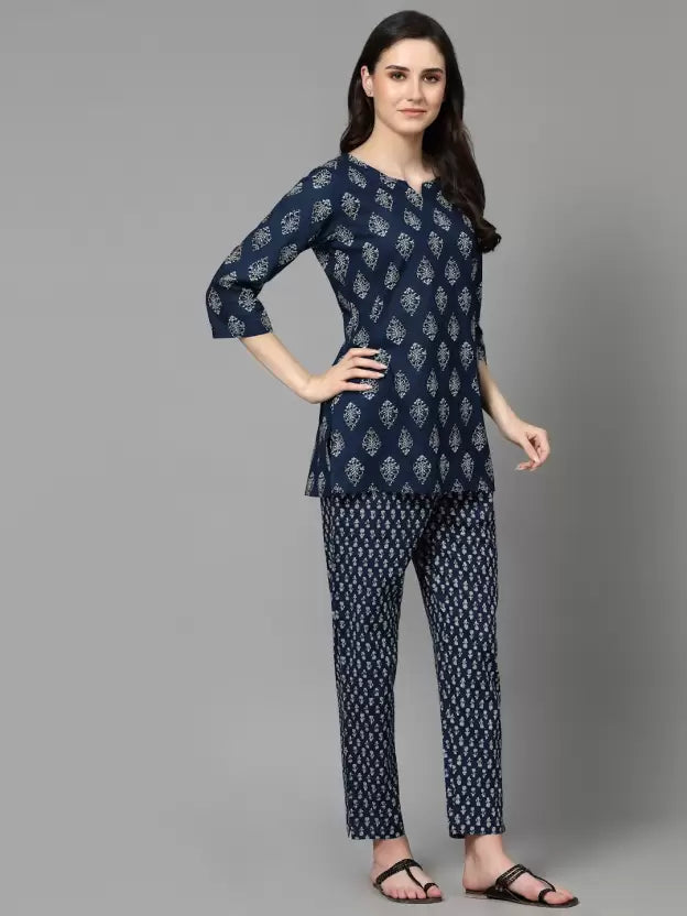 Women Top And Pajama Set Blue Printed