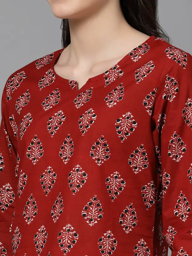 Women Top And Pajama Set Maroon Printed