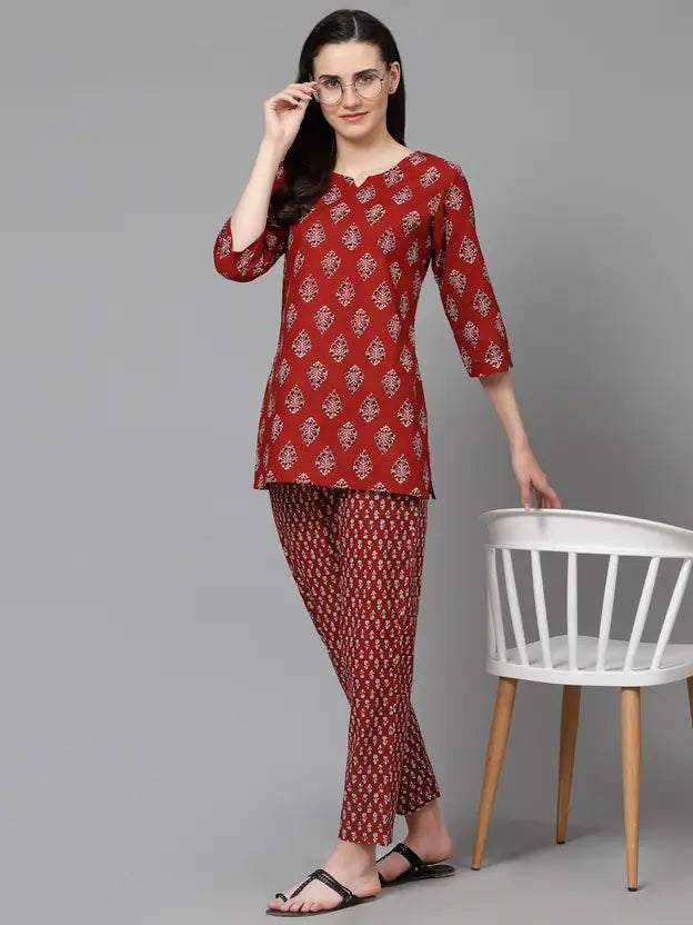 Women Top And Pajama Set Maroon Printed