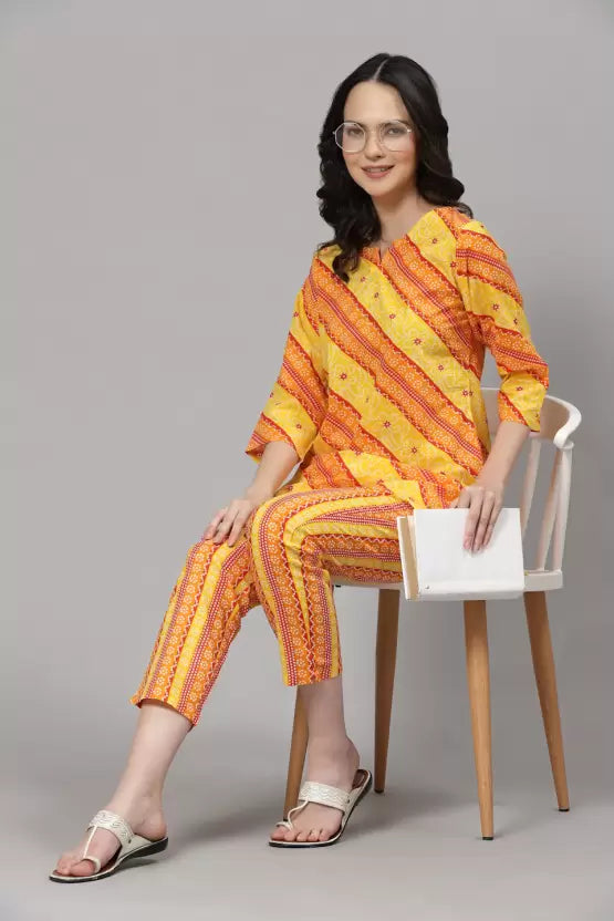 Women Top & Pyjama Set Yellow Jaipuri Printed
