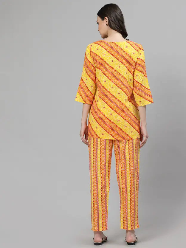 Women Top & Pyjama Set Yellow Jaipuri Printed