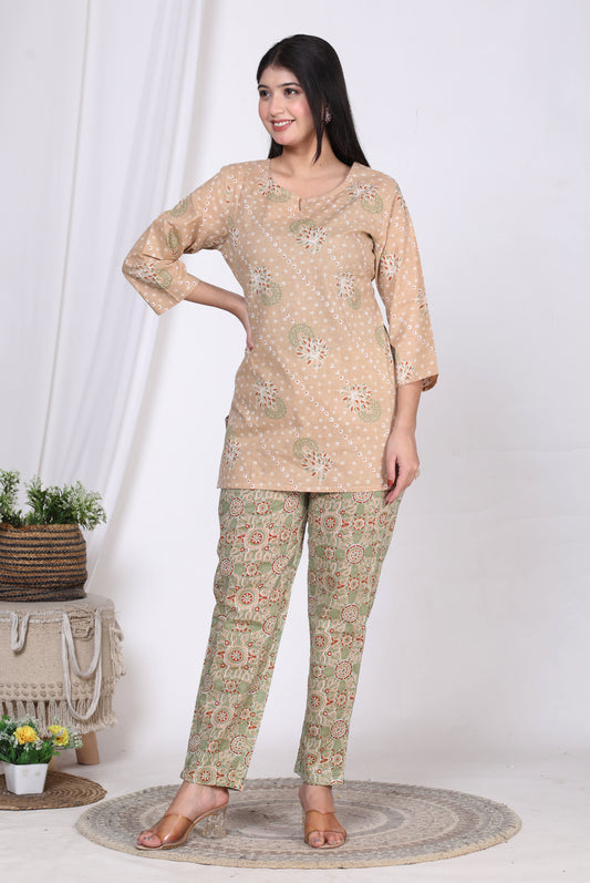 Women Top & Pyjama Set Mehendi color Floral Print