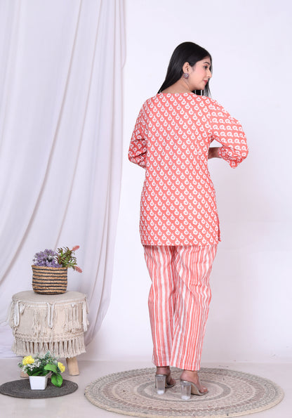 Women Top & Pyjama Set Orange Balloon Printed