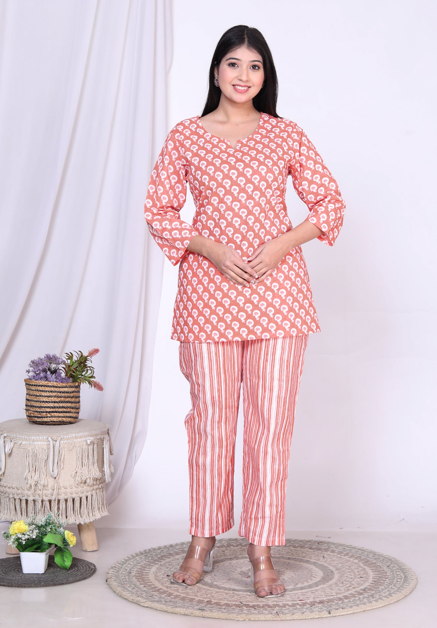 Women Top & Pyjama Set Orange Balloon Printed