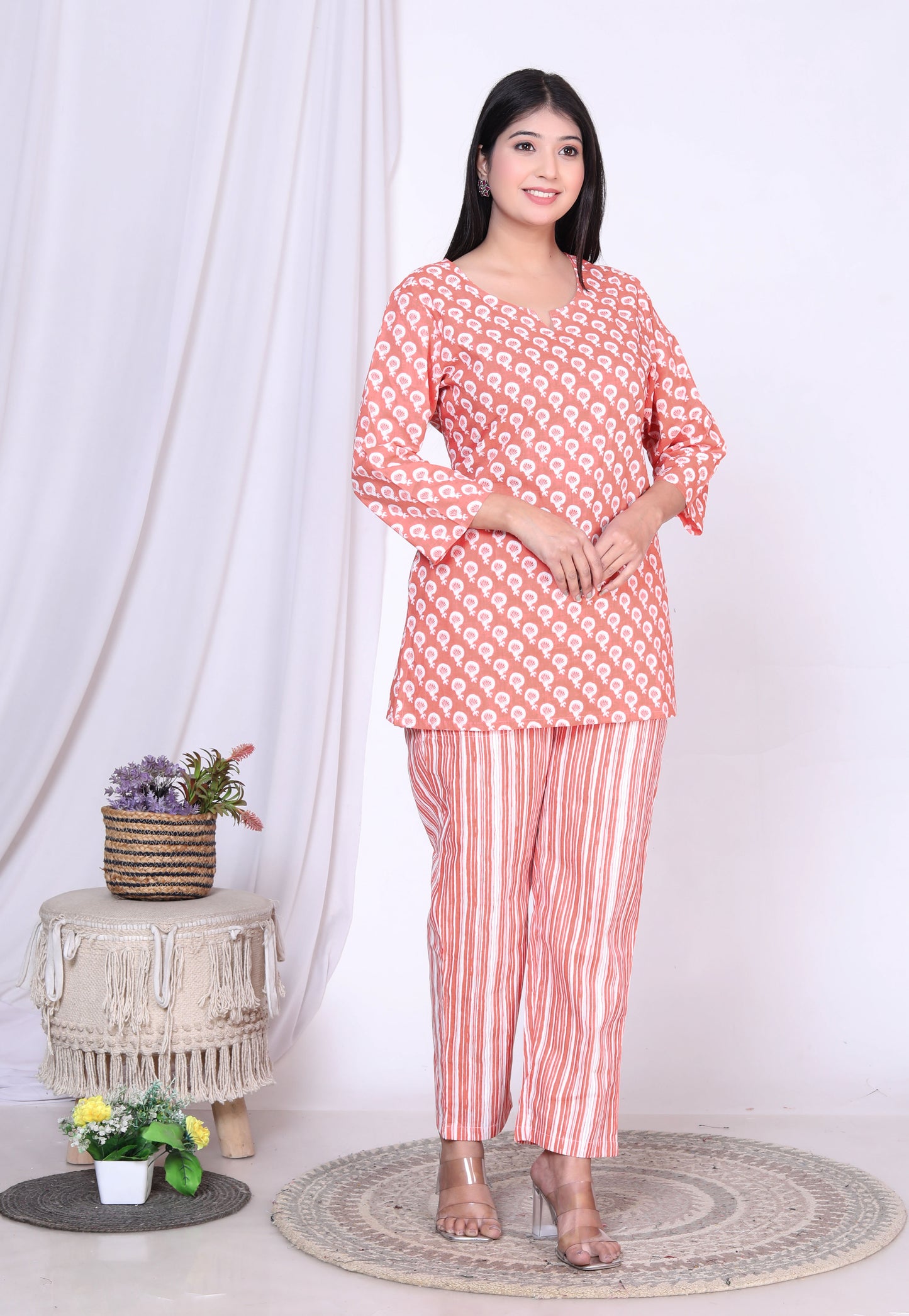 Women Top & Pyjama Set Orange Balloon Printed