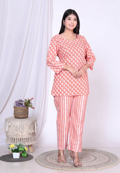 Women Top & Pyjama Set Orange Balloon Printed