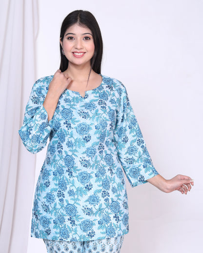 Women Top & Pyjama Set Blue Rose Printed