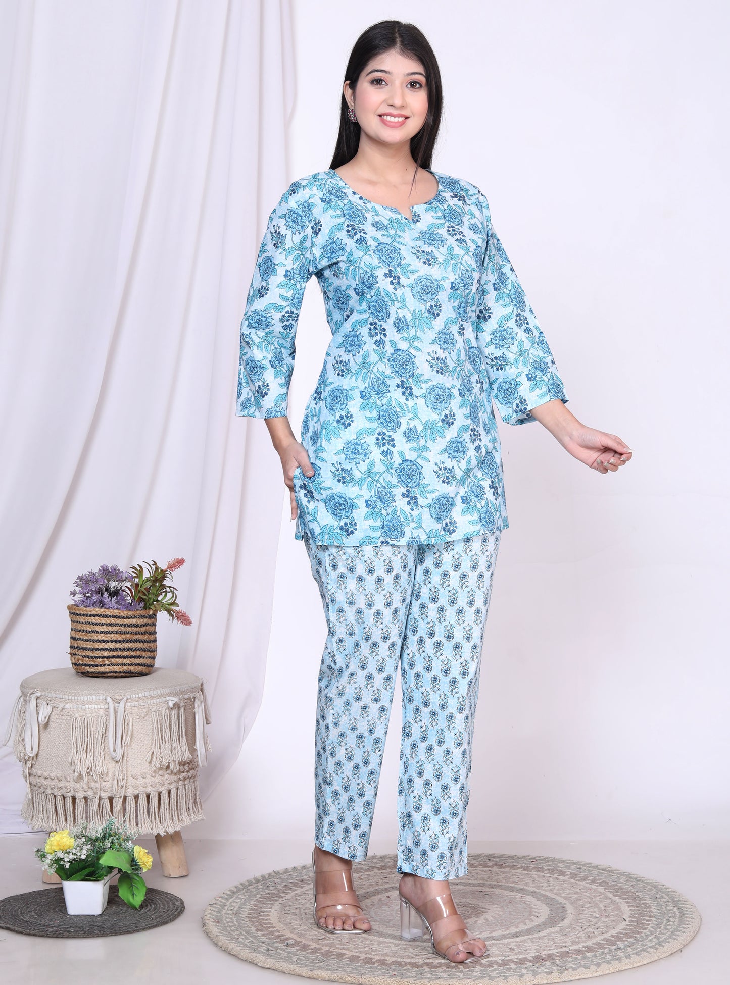 Women Top & Pyjama Set Blue Rose Printed