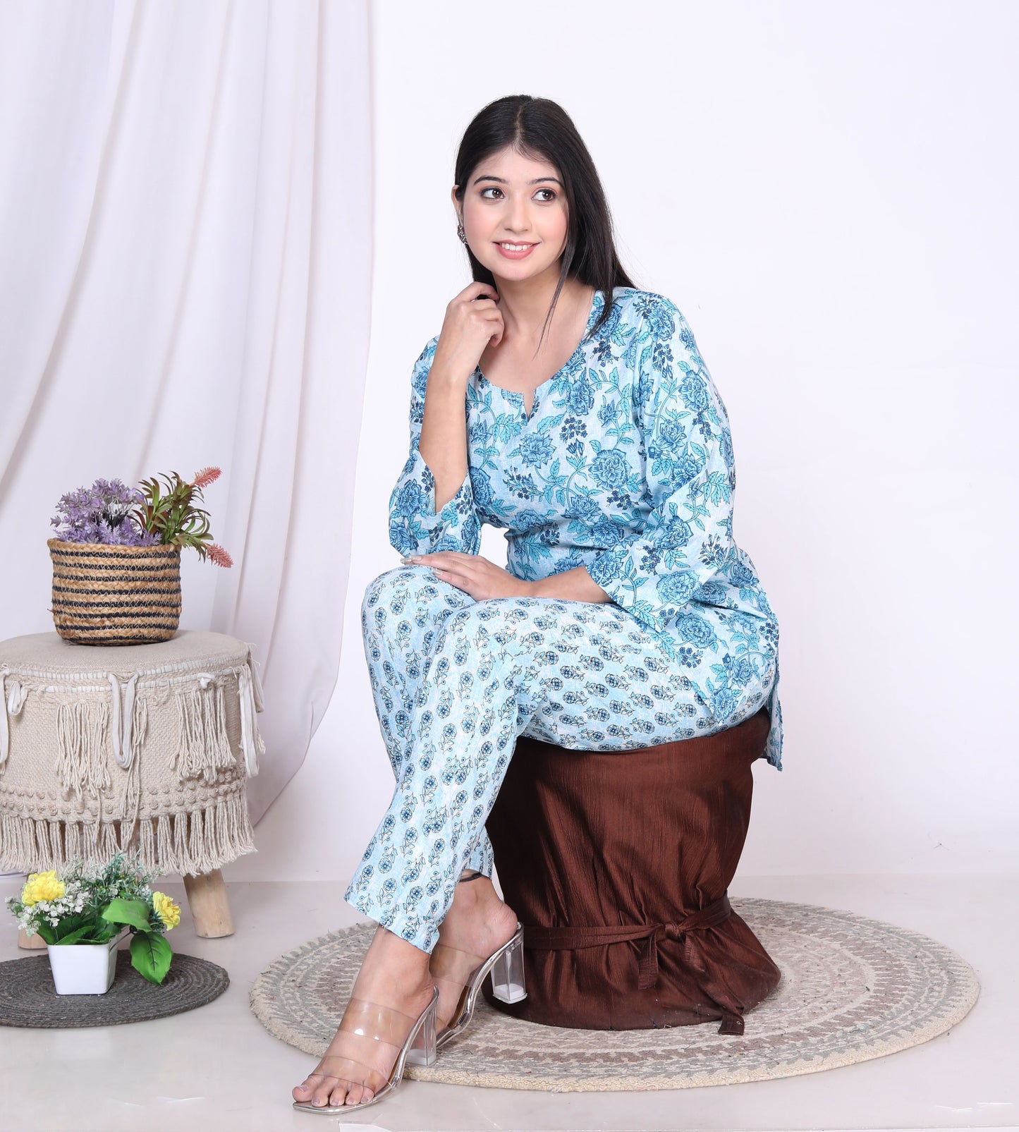 Women Top & Pyjama Set Blue Rose Printed