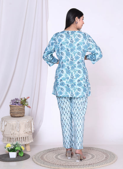 Women Top & Pyjama Set Blue Rose Printed