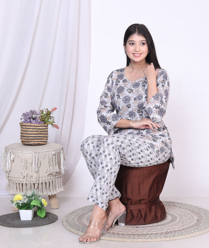 Women Top & Pyjama Set Black Rose Printed