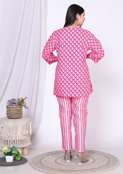 Women Top & Pyjama Set Pink Balloon Printed