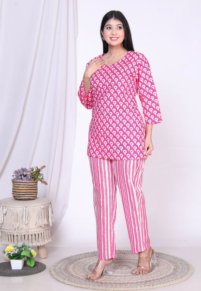 Women Top & Pyjama Set Pink Balloon Printed