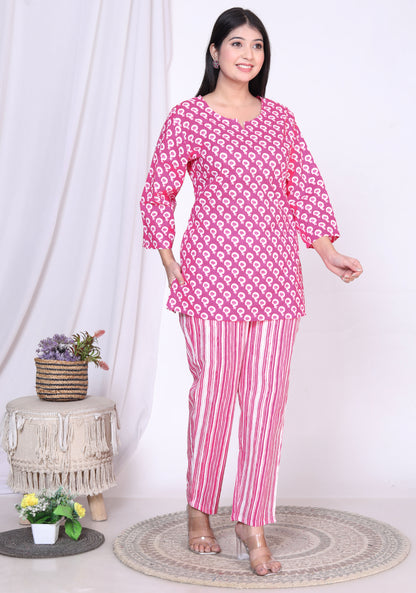 Women Top & Pyjama Set Pink Balloon Printed