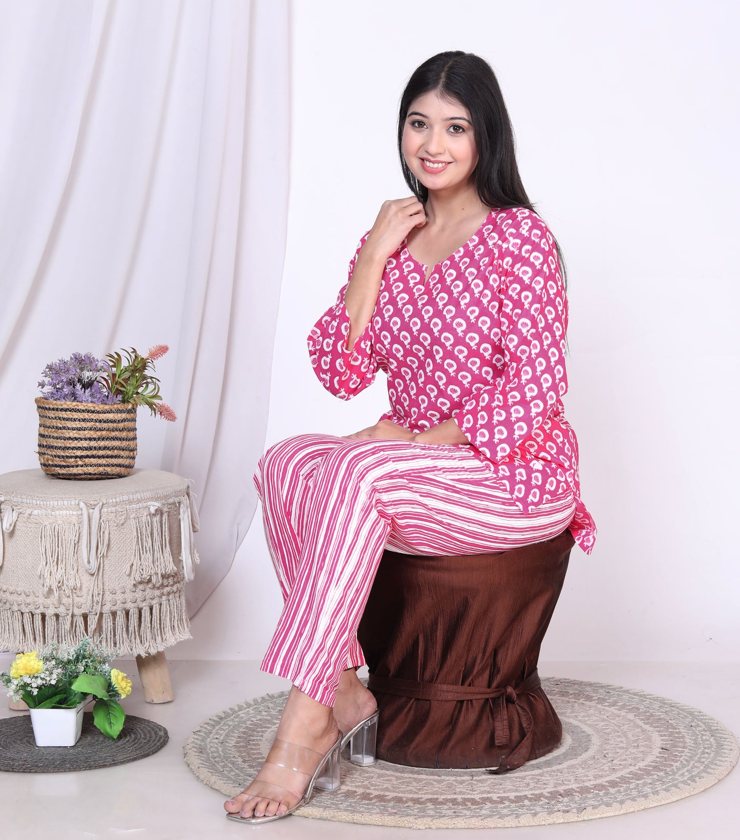 Women Top & Pyjama Set Pink Balloon Printed