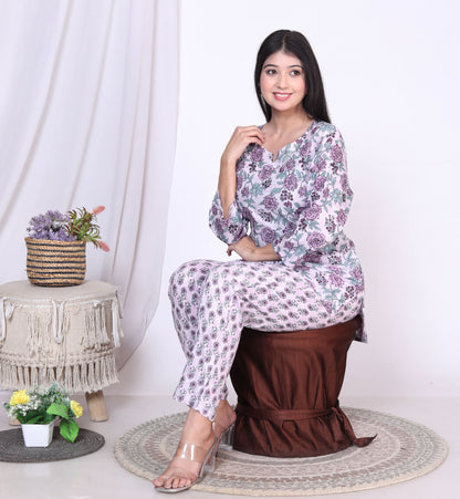 Women Top & Pyjama Set Purple Rose Printed