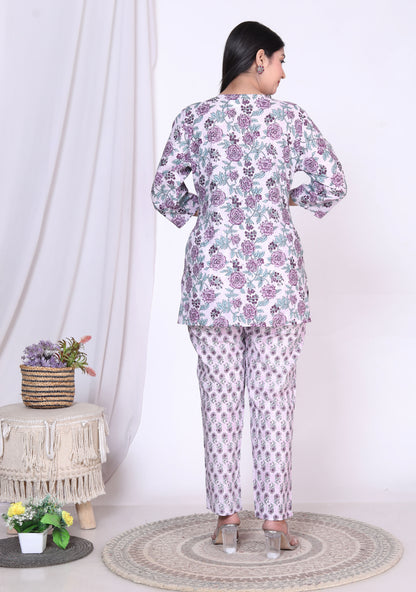 Women Top & Pyjama Set Purple Rose Printed