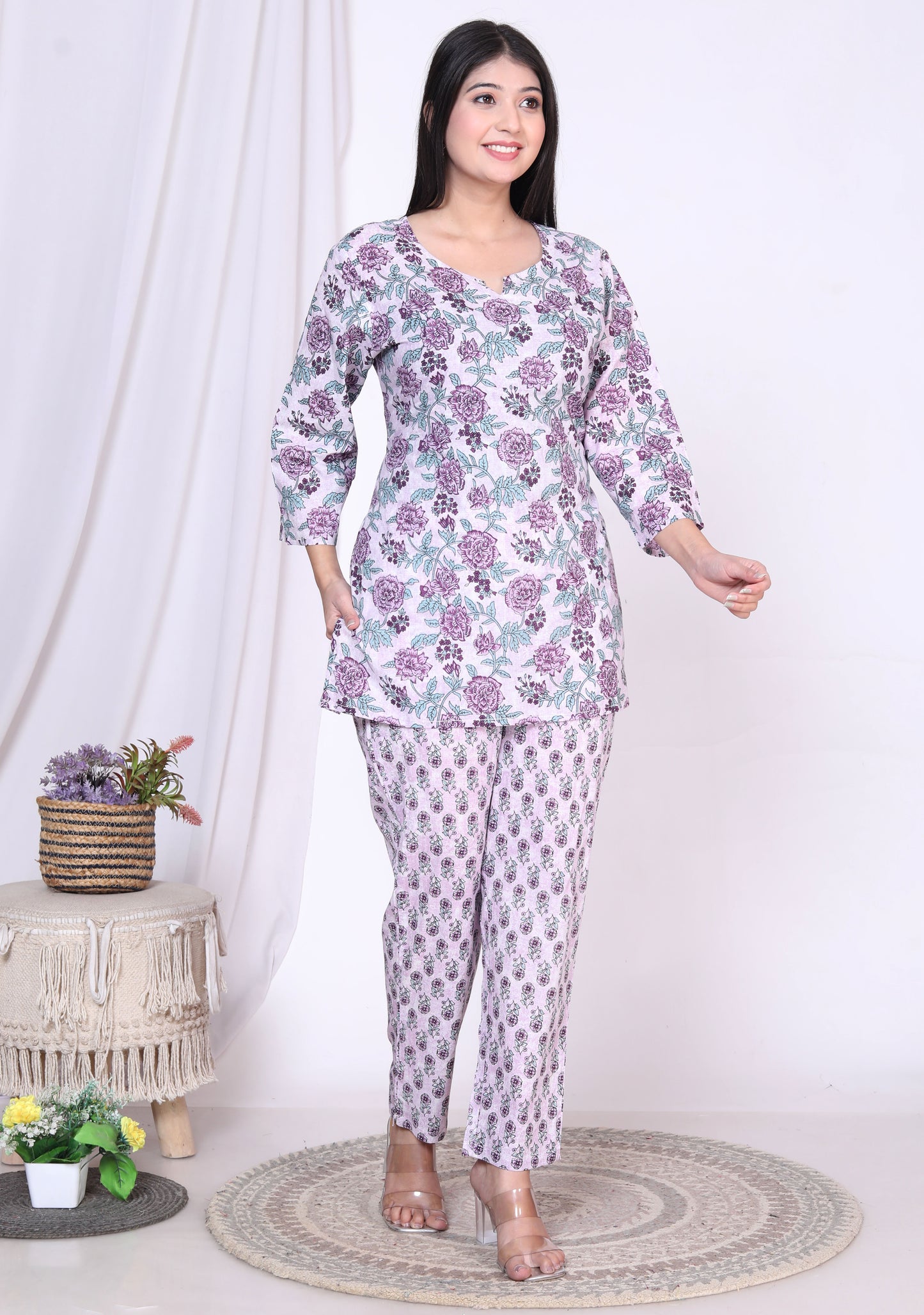 Women Top & Pyjama Set Purple Rose Printed