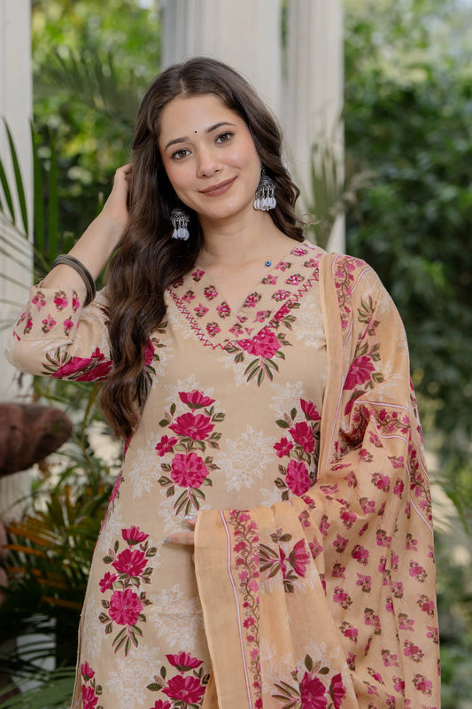 Bani Thani Beige Rose Printed Kurta sets for women