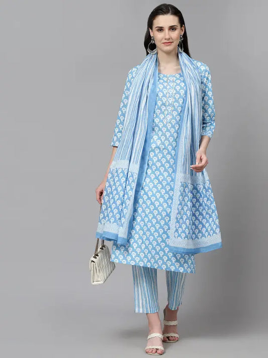 Pure Cotton Printed Kurta Pant Dupatta Sets