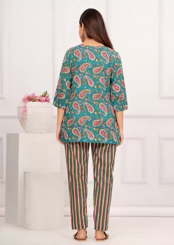 Women Top And Pajama Sets Green Jaipuri Printed