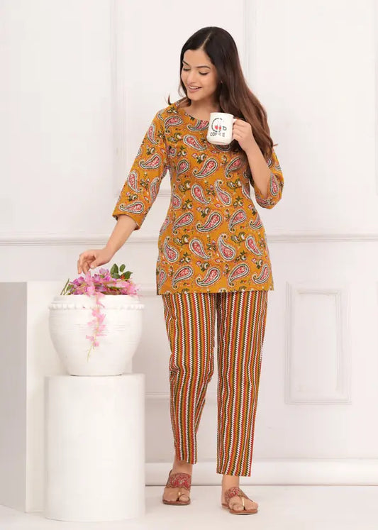 Women Top And Pajama Sets Mustard Yellow Jaipuri Printed