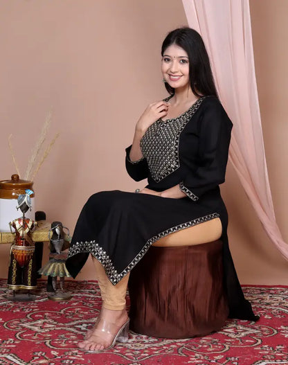 Women Embroidered Viscose Rayon Straight Black Kurta