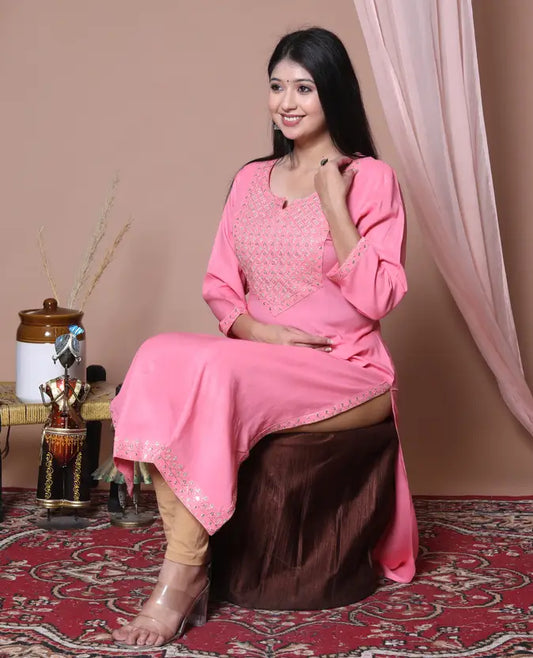 Women Embroidered Viscose Rayon Straight Pink Kurta