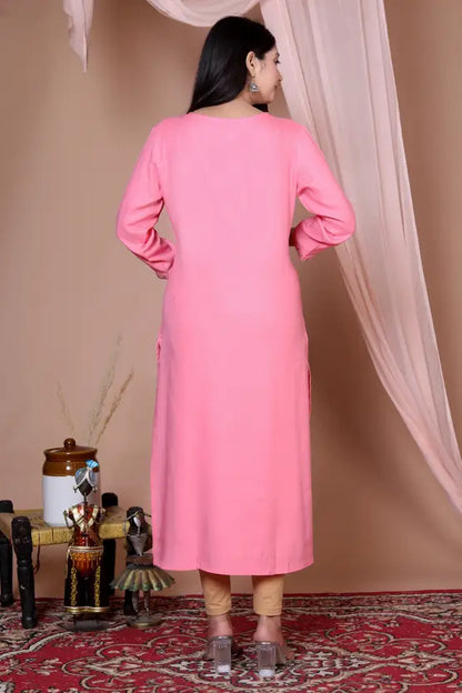 Women Embroidered Viscose Rayon Straight Pink Kurta
