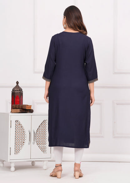 Women Embroidered Viscose Rayon Straight Blue Kurti